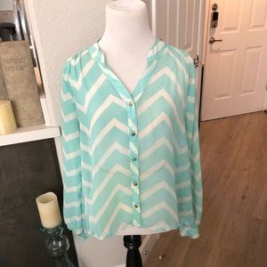 Sheer turquoise and white chevron blouse